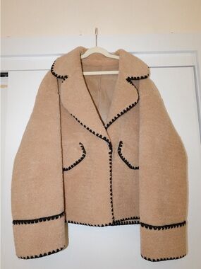 Womens Tan Teddy Jacket with Black Trim